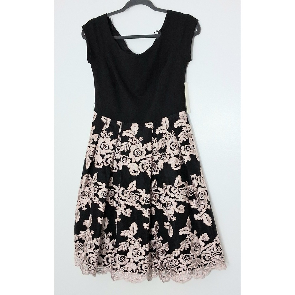Eliza J Dress Woman's Size 8 Black & Pink Floral Embroidered Cap Sleeves Zip NEW